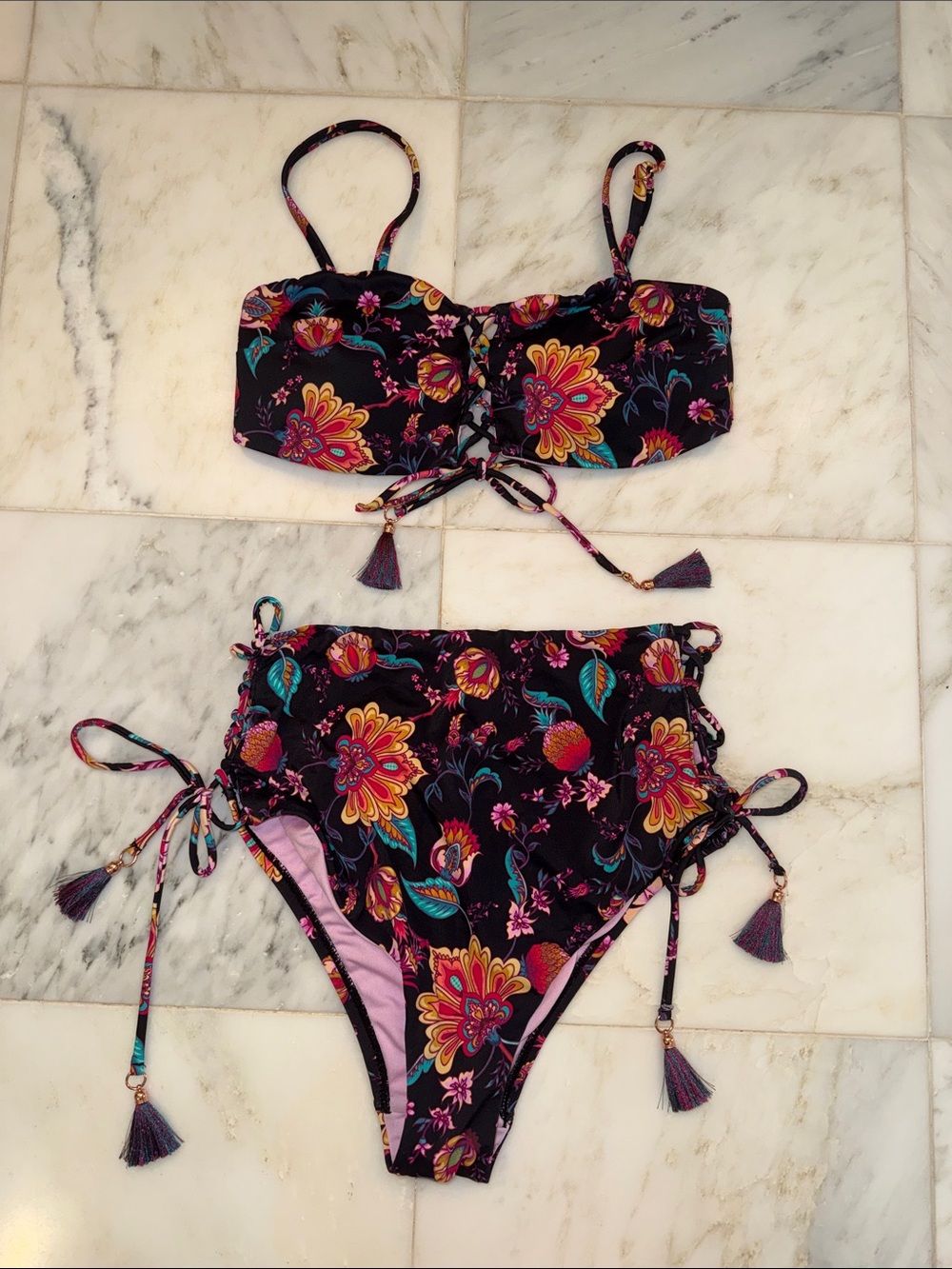 Nanette Lepore Black Floral Damask Lace-Up Bandeau & High-Waisted Bottom Bikini